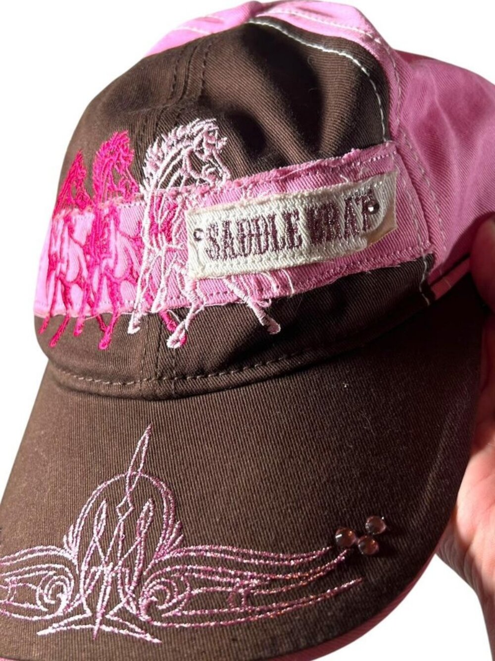 Saddle Brat Western Y2K Brown + Pink Horses Trucker Hat